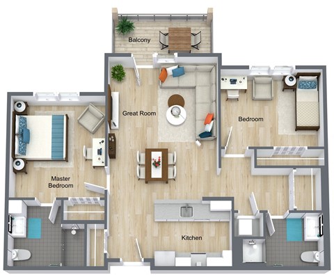 Floor plan for 2 beds, 2 baths, 974 sqft